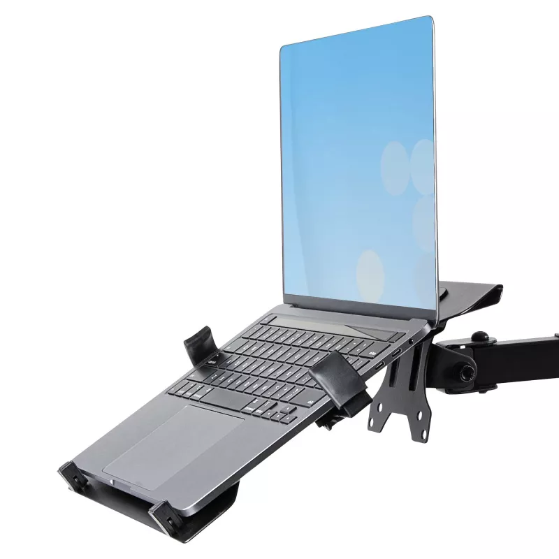 StarTech.com Monitorarm mit VESA-Laptophalterung, für einen Laptop (4,5 kg/9,9 lb) und ein einzelnes Display bis zu 32 Zoll (8 kg/17,6 lb), Schwarz, belüftete Ablage, verstellbare Laptop-Armhalterung, C-Klemme/Tischdurchführungsmontage