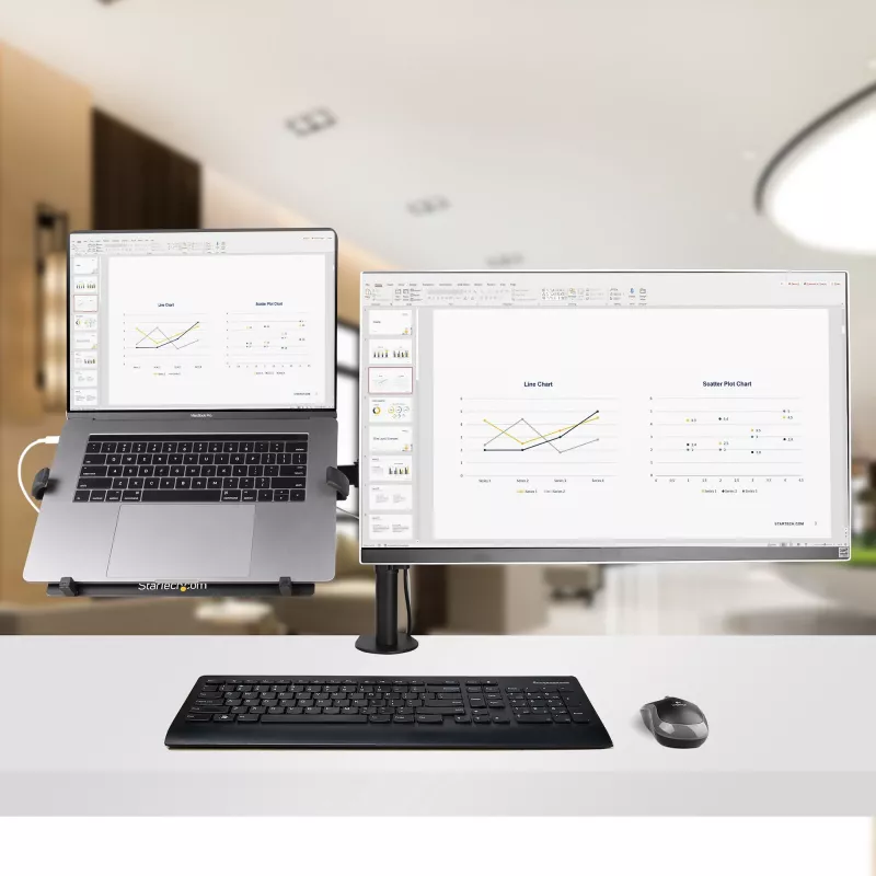 StarTech.com Monitorarm mit VESA-Laptophalterung, für einen Laptop (4,5 kg/9,9 lb) und ein einzelnes Display bis zu 32 Zoll (8 kg/17,6 lb), Schwarz, belüftete Ablage, verstellbare Laptop-Armhalterung, C-Klemme/Tischdurchführungsmontage