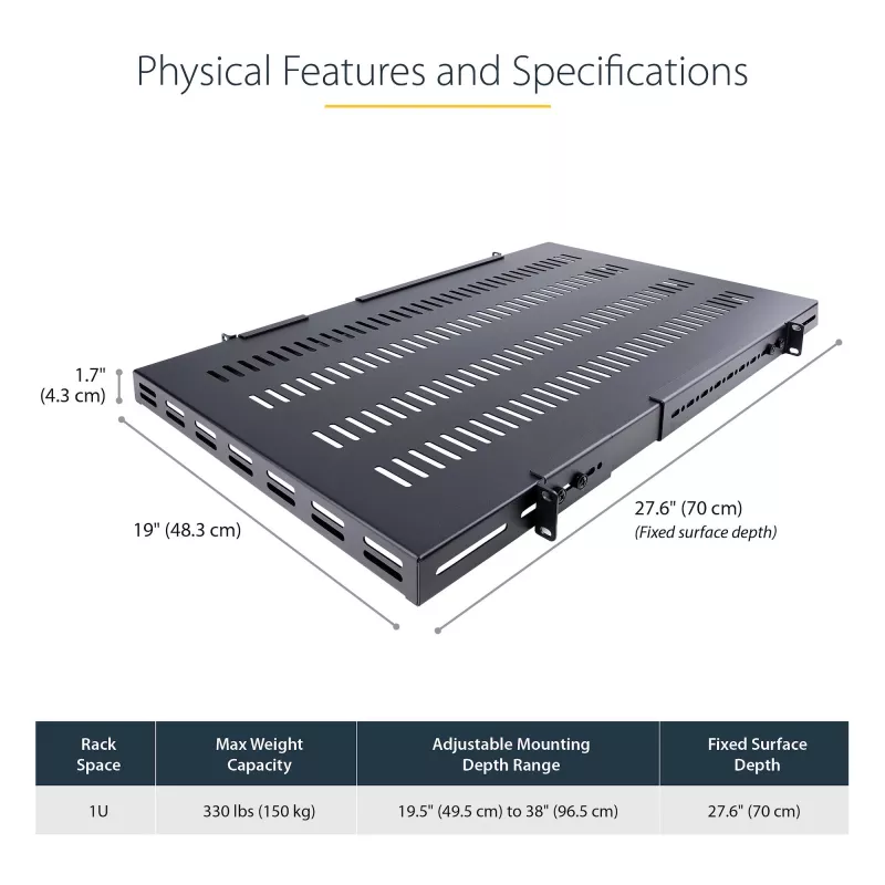 StarTech.com 1U 4-Post Adjustable Vented Server Rack Mount Shelf - 330lbs(150 kg) - 19.5 to 38in Adjustable Mounting Depth Universal Tray for 19 inch AV/ Network Equipment Rack - 27.5in Deep