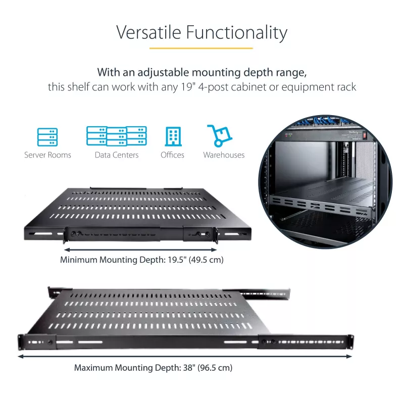 StarTech.com 1U 4-Post Adjustable Vented Server Rack Mount Shelf - 330lbs(150 kg) - 19.5 to 38in Adjustable Mounting Depth Universal Tray for 19 inch AV/ Network Equipment Rack - 27.5in Deep