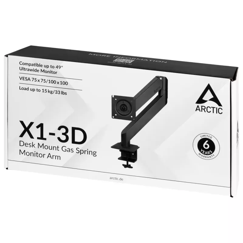 Desk Mount Gas Spring Monitor Arm Arctic X1-3D — für Bildschirme bis 43 Zoll / 10 kg, VESA 75x75–100x100, schwarz