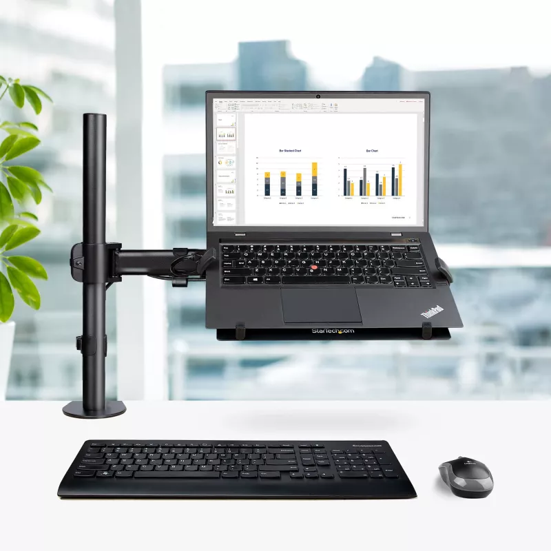 StarTech.com Laptop-Desk-Mount – Monitor- und Laptop-Halterung – Displays bis 34 Zoll (8 kg) & Laptops (4,5 kg) – Gelenkiger VESA-Laptoptischarm – Klemmen-/Tüllenmontage