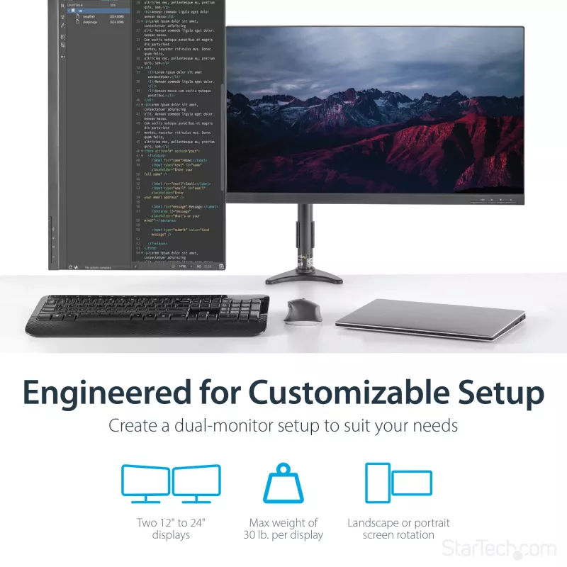 StarTech.com Doppelmonitor-Tischhalterung - verstellbar, Klemme, 13,6 kg, 30,5 cm (12 Zoll), 61 cm (24 Zoll), 100 x 100 mm, Schwarz