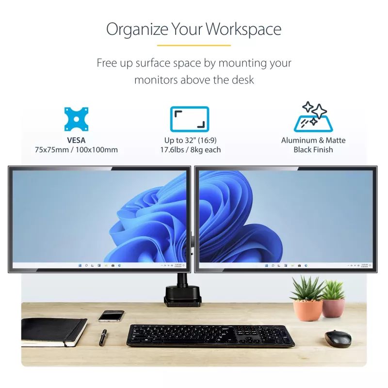 StarTech.com Schreibtischhalterung dualer Monitorarm, voll bewegliche Monitorhalterung für 2x VESA-Bildschirme bis 32 Zoll (8 kg), höhenverstellbar, Klemm-/Tischdurchführungshalterung, mechanische Feder