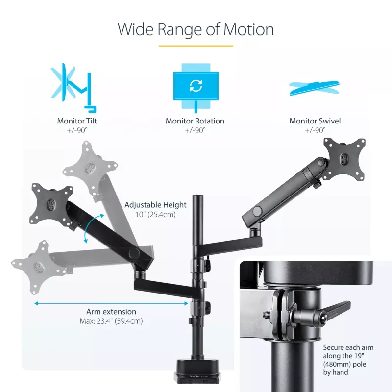 StarTech.com Schreibtischhalterung dualer Monitorarm, voll bewegliche Monitorhalterung für 2x VESA-Bildschirme bis 32 Zoll (8 kg), höhenverstellbar, Klemm-/Tischdurchführungshalterung, mechanische Feder