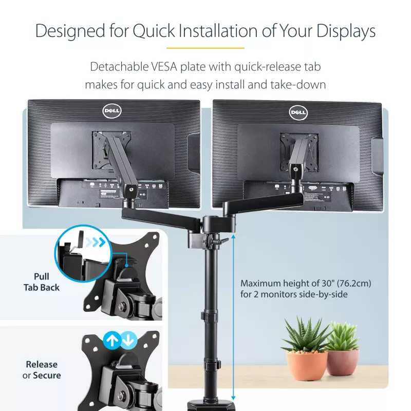 StarTech.com Schreibtischhalterung dualer Monitorarm, voll bewegliche Monitorhalterung für 2x VESA-Bildschirme bis 32 Zoll (8 kg), höhenverstellbar, Klemm-/Tischdurchführungshalterung, mechanische Feder