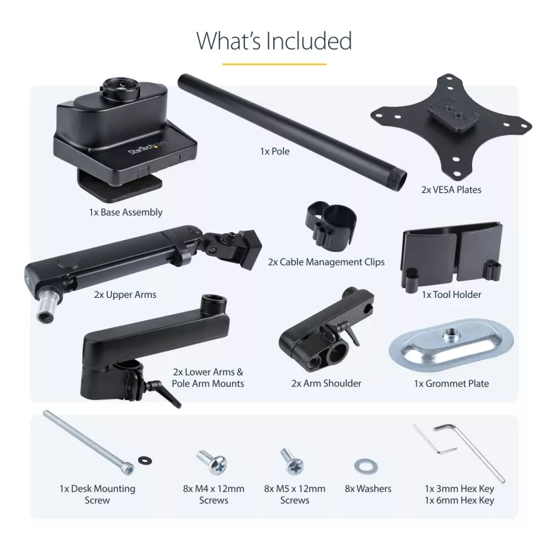 StarTech.com Schreibtischhalterung dualer Monitorarm, voll bewegliche Monitorhalterung für 2x VESA-Bildschirme bis 32 Zoll (8 kg), höhenverstellbar, Klemm-/Tischdurchführungshalterung, mechanische Feder
