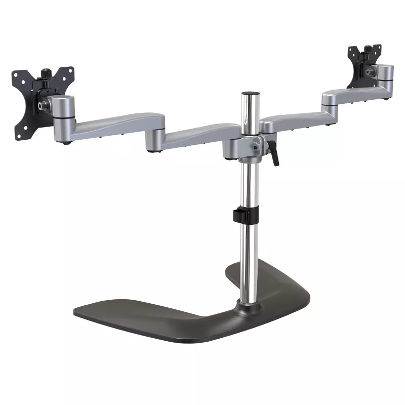 StarTech.com Dual-Monitor-Standfuß – Ergonomischer Desktop-Monitorständer für bis zu 32-Zoll-VESA-Displays – Freistehende, bewegliche, universelle Computermonitorhalterung – Höhenverstellbar – Silber