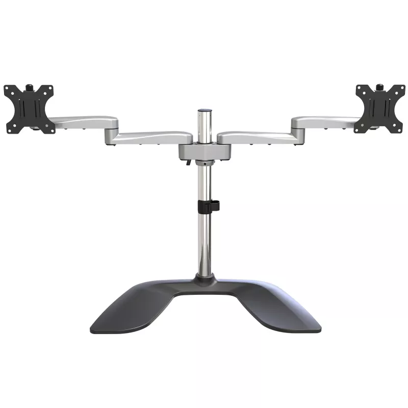 StarTech.com Dual-Monitor-Standfuß – Ergonomischer Desktop-Monitorständer für bis zu 32-Zoll-VESA-Displays – Freistehende, bewegliche, universelle Computermonitorhalterung – Höhenverstellbar – Silber