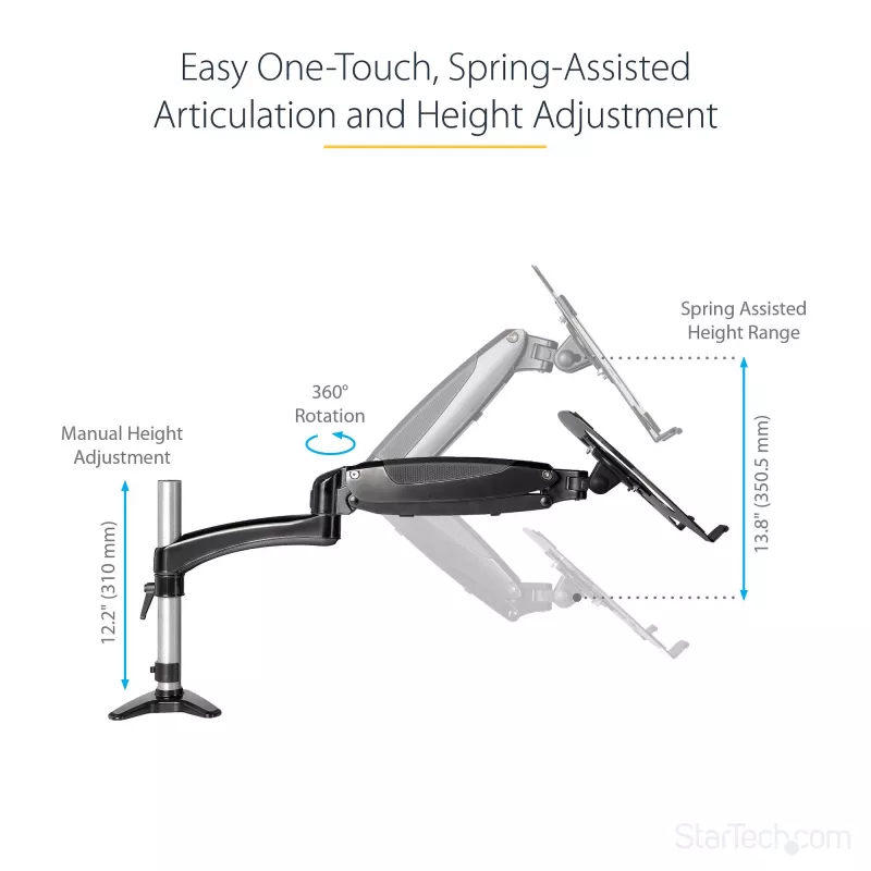 StarTech.com Schreibtischhalterung für Laptops – voll beweglicher Gelenkarm für Laptop oder einzelnen 34-Zoll-Monitor – VESA-Halterungsplatte für Laptops – ergonomisch verstellbarer Notebook-Ständer – Tischklemme