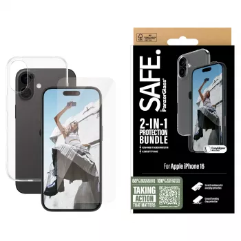 PanzerGlass SAFE. by ® 2-in-1 Protection Bundle iPhone 16, Apple, Apple - iPhone 16, Dry application, Scratch resistant, Shock resistant, Transparent, 1 Stk.