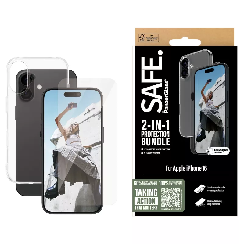 PanzerGlass SAFE. by ® 2-in-1 Protection Bundle iPhone 16, Apple, Apple - iPhone 16, Dry application, Scratch resistant, Shock resistant, Transparent, 1 Stk.