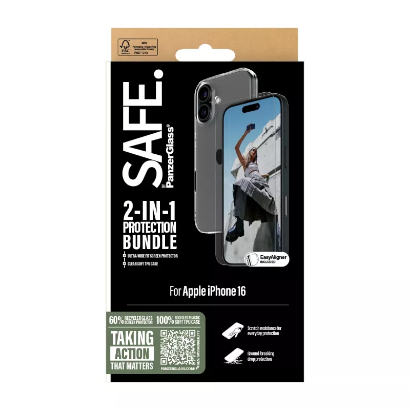 PanzerGlass SAFE. by ® 2-in-1 Protection Bundle iPhone 16, Apple, Apple - iPhone 16, Dry application, Scratch resistant, Shock resistant, Transparent, 1 Stk.