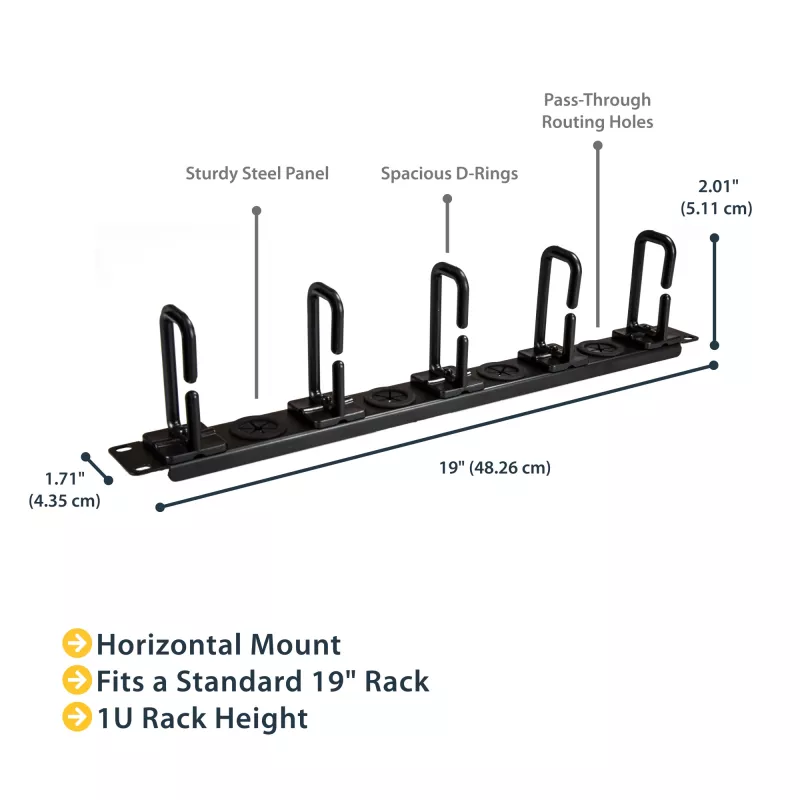 StarTech.com 1U 19 Zoll Kabelmanagement-Organizer – D-Ring-Haken Netzwerk-/Server-Rack-Kabelmanager – Horizontales Kabelpanel für Rechenzentren mit Durchführungslöchern, inkl. Montagematerial – EIA/ECA-310-E