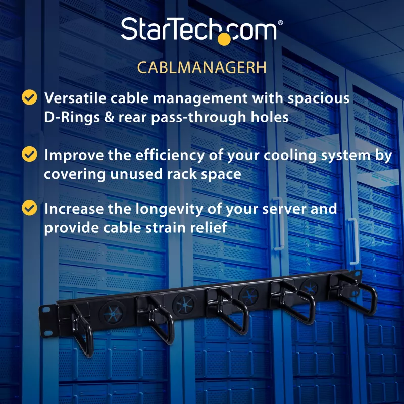 StarTech.com 1U 19 Zoll Kabelmanagement-Organizer – D-Ring-Haken Netzwerk-/Server-Rack-Kabelmanager – Horizontales Kabelpanel für Rechenzentren mit Durchführungslöchern, inkl. Montagematerial – EIA/ECA-310-E