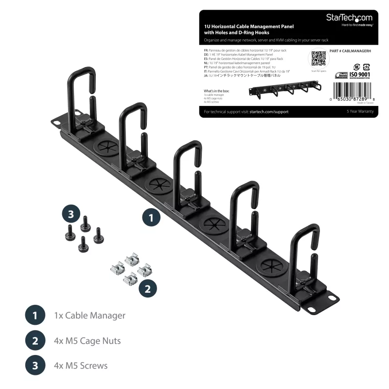 StarTech.com 1U 19 Zoll Kabelmanagement-Organizer – D-Ring-Haken Netzwerk-/Server-Rack-Kabelmanager – Horizontales Kabelpanel für Rechenzentren mit Durchführungslöchern, inkl. Montagematerial – EIA/ECA-310-E