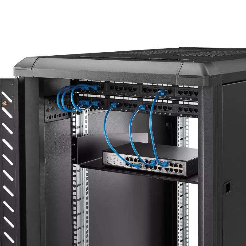 StarTech.com 2HE Server-Rack-Einlegeboden – Universeller Rack-Montage-Auslegerboden für 19-Zoll-Netzwerk-Equipment-Rack & -Schrank – Hochbelastbarer Stahl – Tragfähigkeit 20 kg – 400 mm tiefer Boden, Schwarz
