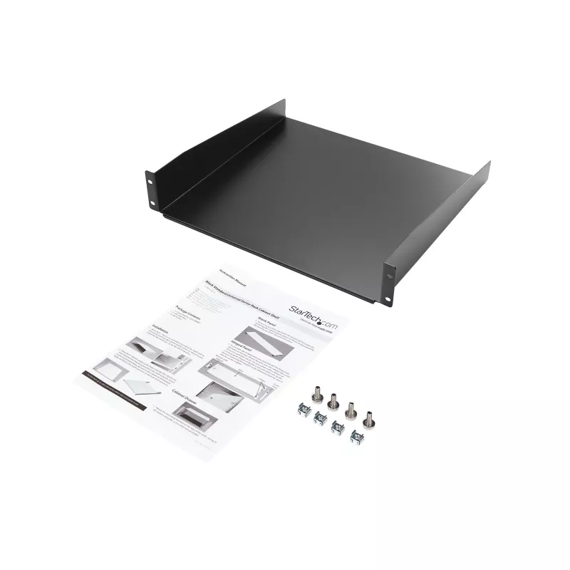 StarTech.com 2HE Server-Rack-Einlegeboden – Universeller Rack-Montage-Auslegerboden für 19-Zoll-Netzwerk-Equipment-Rack & -Schrank – Hochbelastbarer Stahl – Tragfähigkeit 20 kg – 400 mm tiefer Boden, Schwarz