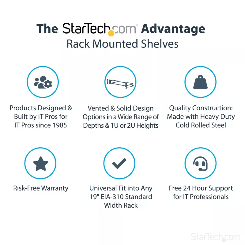 StarTech.com 2HE Server-Rack-Einlegeboden – Universeller Rack-Montage-Auslegerboden für 19-Zoll-Netzwerk-Equipment-Rack & -Schrank – Hochbelastbarer Stahl – Tragfähigkeit 20 kg – 400 mm tiefer Boden, Schwarz