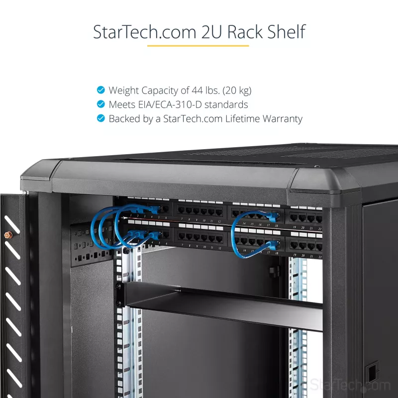 StarTech.com 2HE Server-Rack-Einlegeboden – Universeller Rack-Montage-Auslegerboden für 19-Zoll-Netzwerk-Equipment-Rack & -Schrank – Hochbelastbarer Stahl – Tragfähigkeit 20 kg – 400 mm tiefer Boden, Schwarz