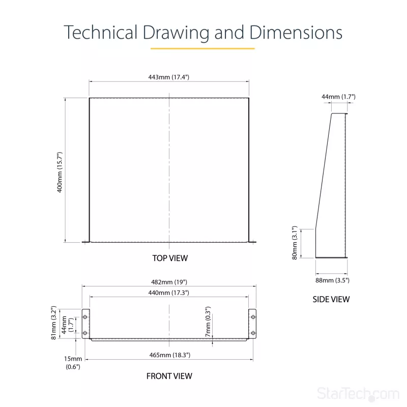 StarTech.com 2HE Server-Rack-Einlegeboden – Universeller Rack-Montage-Auslegerboden für 19-Zoll-Netzwerk-Equipment-Rack & -Schrank – Hochbelastbarer Stahl – Tragfähigkeit 20 kg – 400 mm tiefer Boden, Schwarz