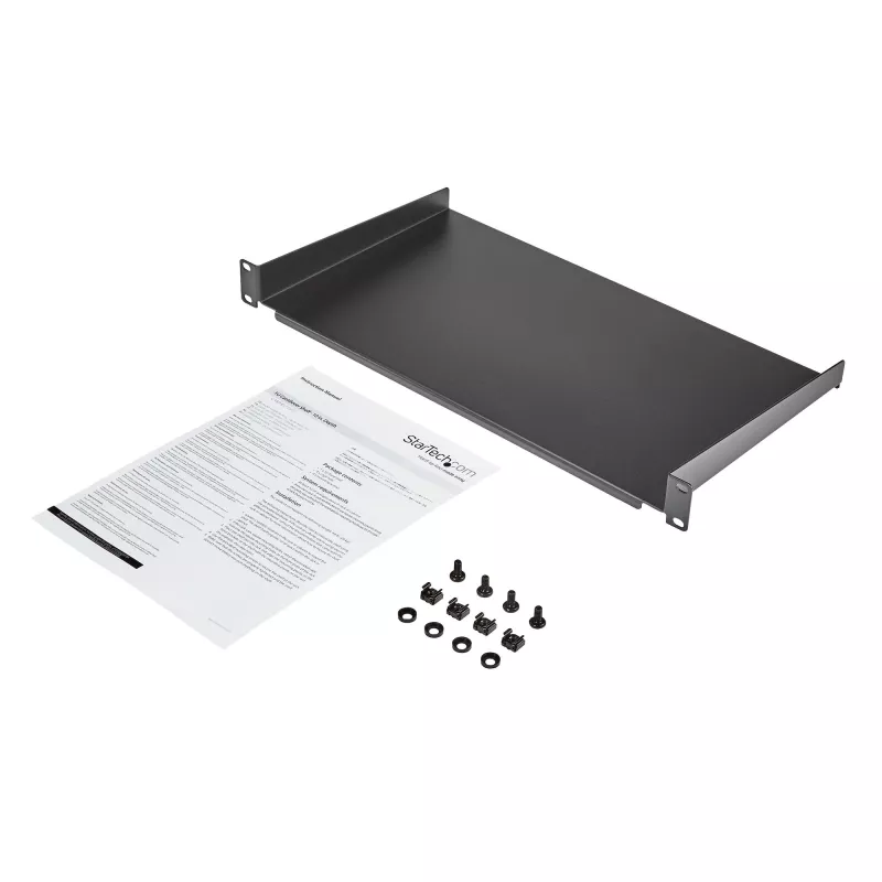 StarTech.com 1U Feste Server-Rack-Montageablage - 25,4 cm tiefe Universal-Kragarm-Ablage aus Stahl für 19-Zoll-AV-/Netzwerk-Equipment-Rack - Robust - Tragfähigkeit 20 kg, Schwarz