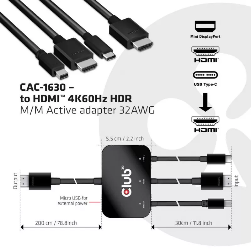CLUB3D USB Type C + HDMI™ + MiniDisplayPort™ 1.2 zu HDMI™ 4K60Hz HDR M/M Aktiver Adapter 32AWG