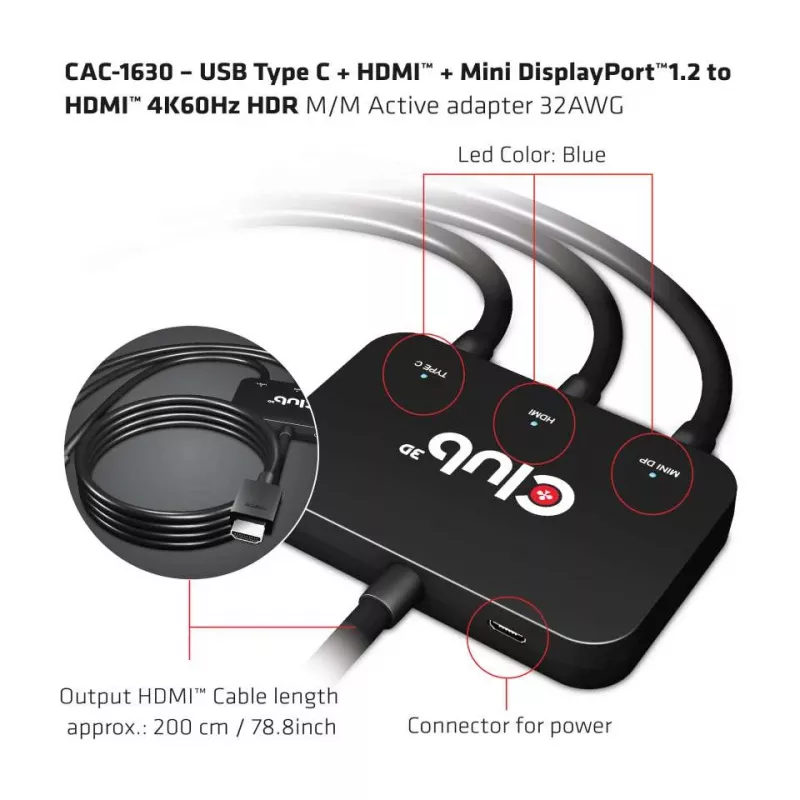 CLUB3D USB Type C + HDMI™ + MiniDisplayPort™ 1.2 zu HDMI™ 4K60Hz HDR M/M Aktiver Adapter 32AWG