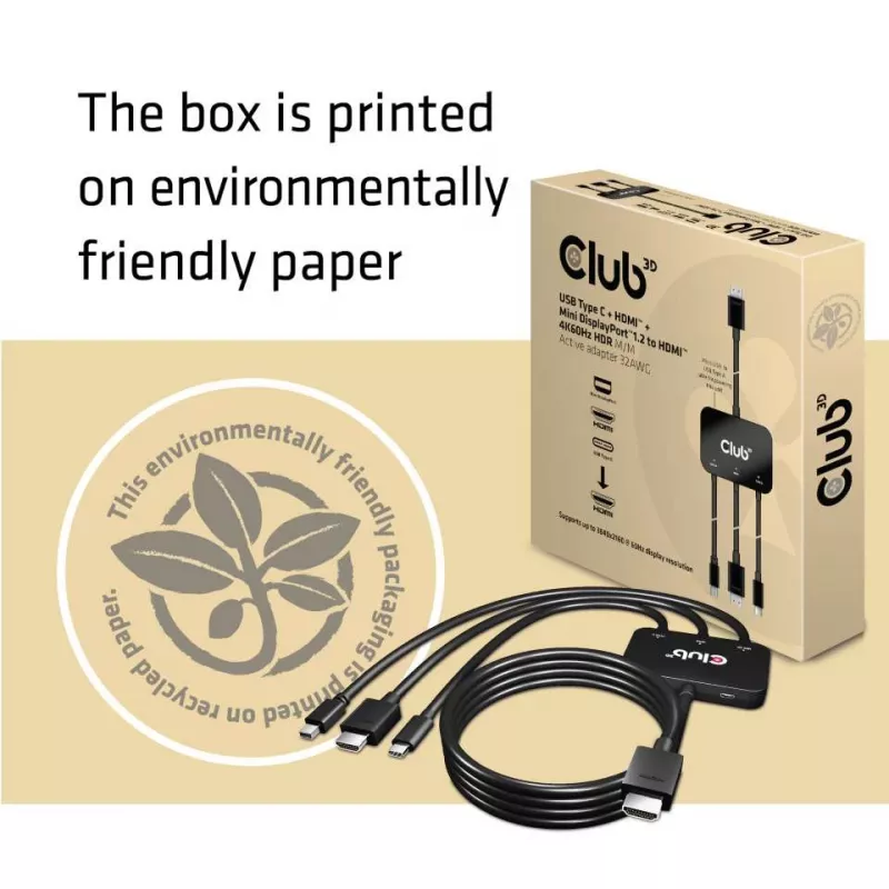 CLUB3D USB Type C + HDMI™ + MiniDisplayPort™ 1.2 zu HDMI™ 4K60Hz HDR M/M Aktiver Adapter 32AWG