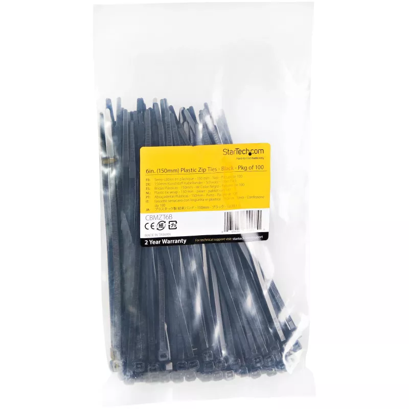 StarTech.com 100-Pack 6 inch(15cm) Kabelbinder – 1/8 inch(3,6 mm) breit, 1-3/8 inch(39 mm) Bündeldurchmesser, 40 lb (18 kg) Zugfestigkeit, selbstverriegelnde Nylon-Kabelbinder mit gebogener Spitze, UL-gelistet, Schwarz – TAA