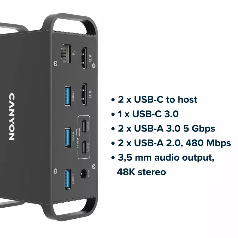Dockingstation CANYON CNS-HDS95ST — USB-C (USB 3.2 Gen 2) Dockingstation mit 2× HDMI, 2× USB 3.2 Gen 1, 2× USB 2.0, Gigabit Ethernet, 100 W, Aluminium, schwarz
