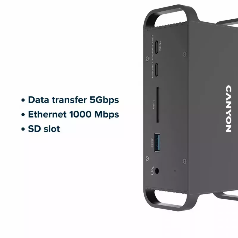 Dockingstation CANYON CNS-HDS95ST — USB-C (USB 3.2 Gen 2) Dockingstation mit 2× HDMI, 2× USB 3.2 Gen 1, 2× USB 2.0, Gigabit Ethernet, 100 W, Aluminium, schwarz