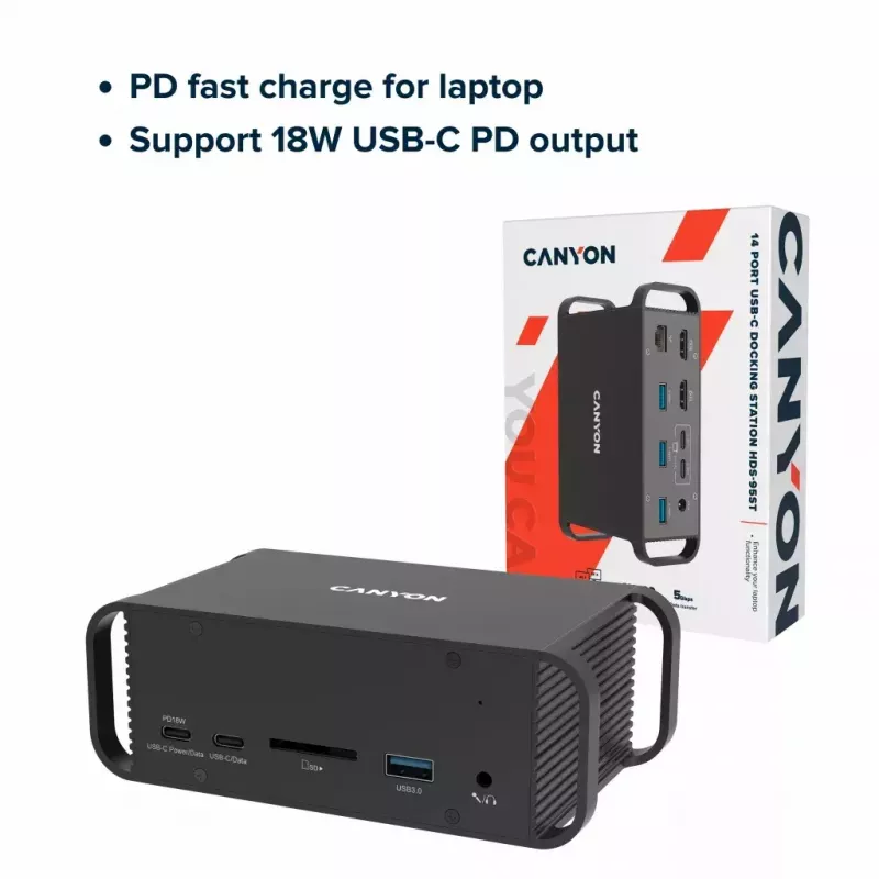 Dockingstation CANYON CNS-HDS95ST — USB-C (USB 3.2 Gen 2) Dockingstation mit 2× HDMI, 2× USB 3.2 Gen 1, 2× USB 2.0, Gigabit Ethernet, 100 W, Aluminium, schwarz