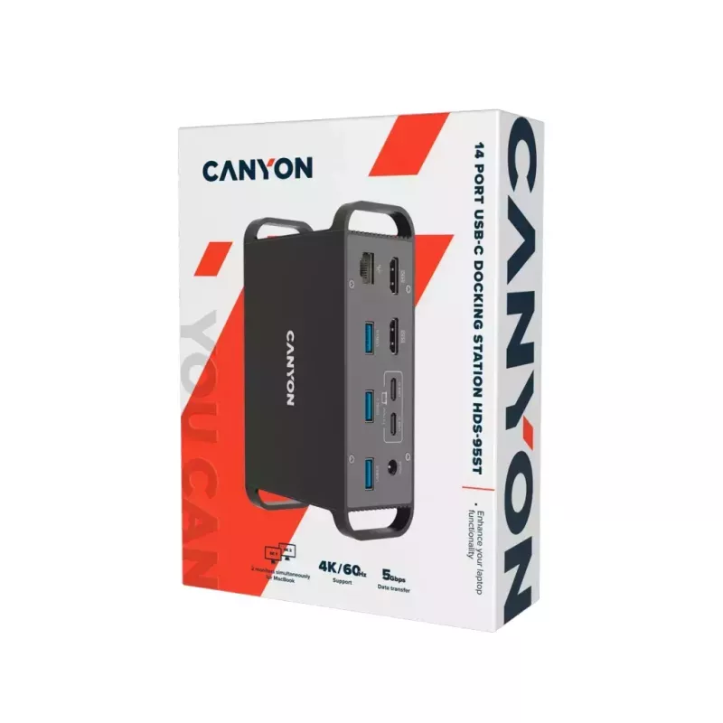Dockingstation CANYON CNS-HDS95ST — USB-C (USB 3.2 Gen 2) Dockingstation mit 2× HDMI, 2× USB 3.2 Gen 1, 2× USB 2.0, Gigabit Ethernet, 100 W, Aluminium, schwarz