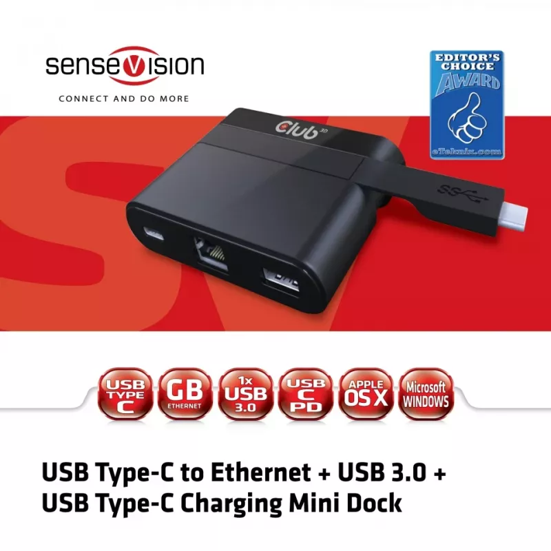 CLUB3D USB Type-C auf Ethernet + USB 3.0 + USB Type-C Lade-Mini-Dock