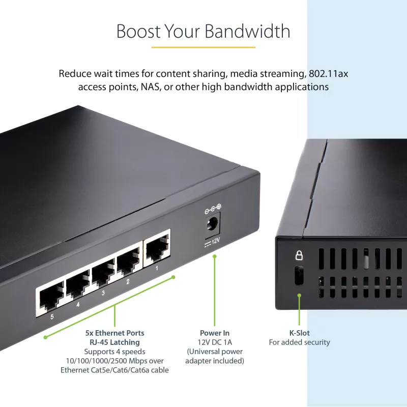 StarTech.com Unmanaged 2.5G Switch – 5-Port Gigabit Switch – 2.5GBASE-T Unmanaged Ethernet Switch – Ethernet-Splitter – DIN-Schienen- oder Wandmontage – Multi-Gigabit – Auto-MDIX – 9K Jumbo