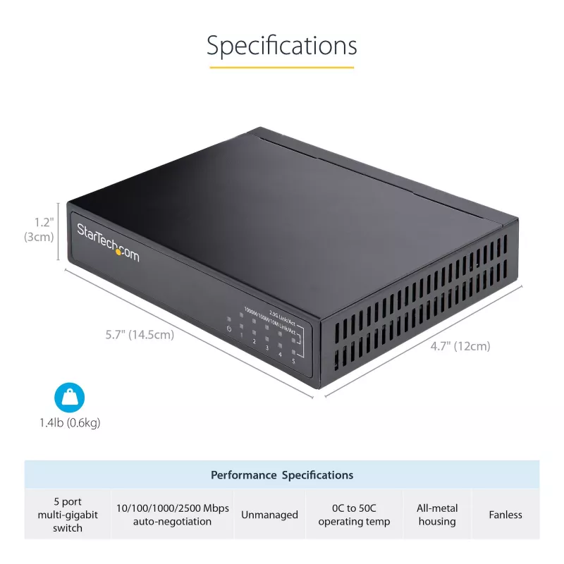 StarTech.com Unmanaged 2.5G Switch – 5-Port Gigabit Switch – 2.5GBASE-T Unmanaged Ethernet Switch – Ethernet-Splitter – DIN-Schienen- oder Wandmontage – Multi-Gigabit – Auto-MDIX – 9K Jumbo