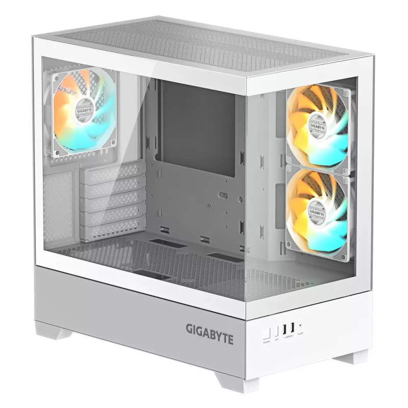 GIGABYTE C201 PANORAMIC ICE PC-Gehäuse – Mid Tower, m-ATX, 360-mm-Radiator-Unterstützung, 3 vorinstallierte Lüfter, USB 3.0, RGB-Fusion-Unterstützung