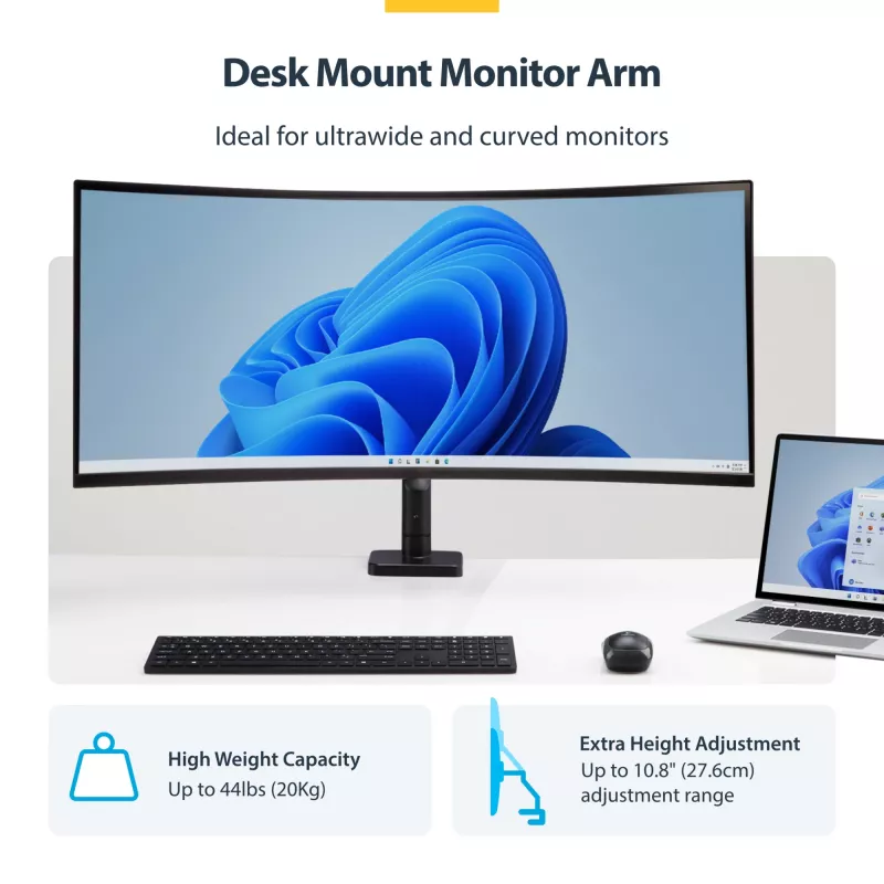 StarTech.com Monitor-Tischhalterung für bis zu 49 Zoll 32:9 Ultrawide Curved-Bildschirme, mechanischer Federarm, C-Klemme/Tischdurchführung, werkzeuglose Einstellung, max. 44 lb/20 kg