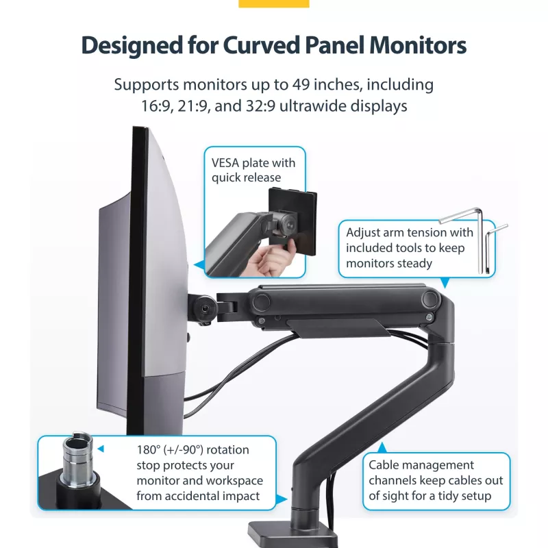 StarTech.com Monitor-Tischhalterung für bis zu 49 Zoll 32:9 Ultrawide Curved-Bildschirme, mechanischer Federarm, C-Klemme/Tischdurchführung, werkzeuglose Einstellung, max. 44 lb/20 kg