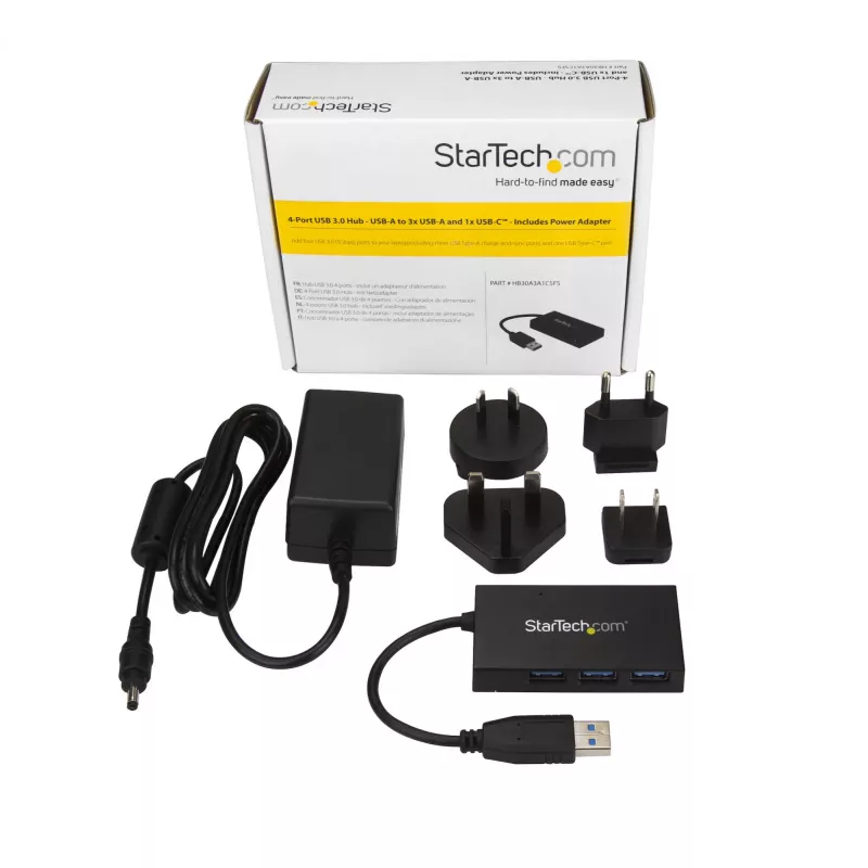 StarTech.com 4 Port USB 3.0 Hub - USB Typ-A Hub mit 1x USB-C & 3x USB-A (SuperSpeed 5 Gbit/s) - USB Bus- oder Netzteilbetrieb - Tragbarer USB 3.1/3.2 Gen 1 BC 1.2 Lade-Hub mit Netzteil~4 Port USB 3.0 Hub - USB Typ-A Hub mit 1x USB-C & 3x USB-A (SuperSpeed 5 Gbit/s) - USB Bus- oder Netzteilbetrieb - Tragbarer USB 3.2 Gen 1 BC 1.2 Lade-Hub mit Netzteil