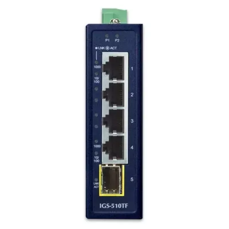 Unmanaged Gigabit Ethernet Switch PLANET IGS-510TF — 4 x 10/100/1000 Mbps, 10 Gbit/s Switching, 9–48V DC, wandmontierbar