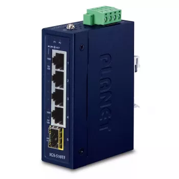 Unmanaged Gigabit Ethernet Switch PLANET IGS-510TF — 4 x 10/100/1000 Mbps, 10 Gbit/s Switching, 9–48V DC, wandmontierbar