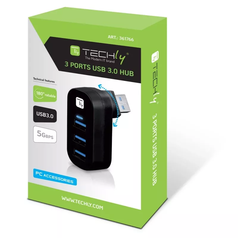 Techly IUSB3-HUB3-ROTB Interface Hub USB 3.2 Gen 1 (3.1 Gen 1) Type-A 5000 Mbit/s Schwarz