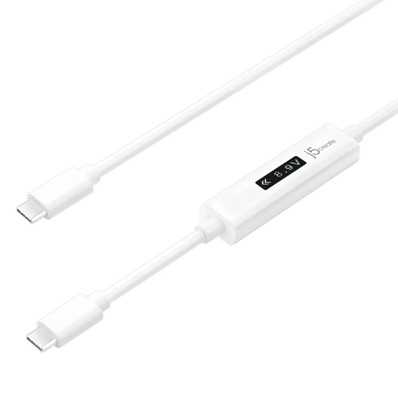 j5create JUCP14 USB-C™ 2.0 auf USB-C™ Kabel mit dynamischem OLED-Leistungsmesser, Weiß, 1,2 m