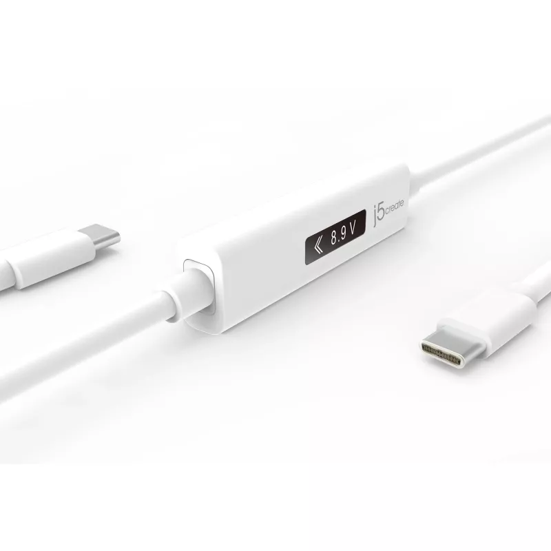 j5create JUCP14 USB-C™ 2.0 auf USB-C™ Kabel mit dynamischem OLED-Leistungsmesser, Weiß, 1,2 m