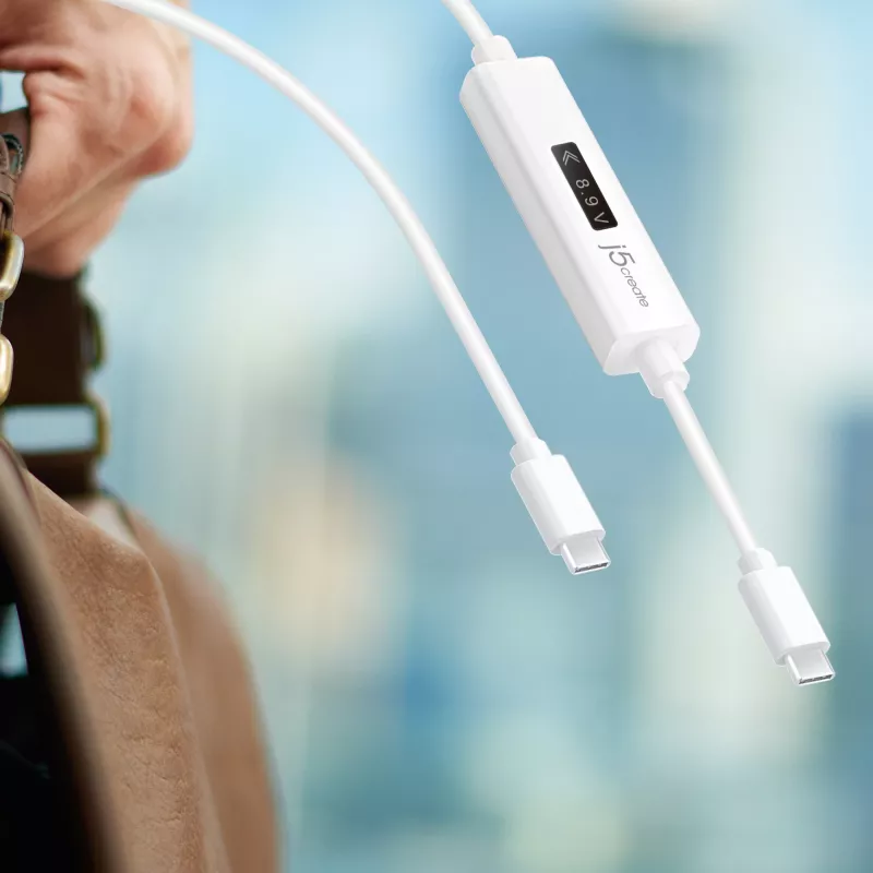 j5create JUCP14 USB-C™ 2.0 auf USB-C™ Kabel mit dynamischem OLED-Leistungsmesser, Weiß, 1,2 m