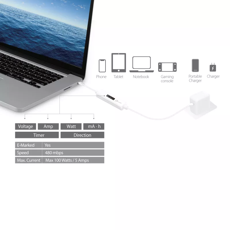j5create JUCP14 USB-C™ 2.0 auf USB-C™ Kabel mit dynamischem OLED-Leistungsmesser, Weiß, 1,2 m