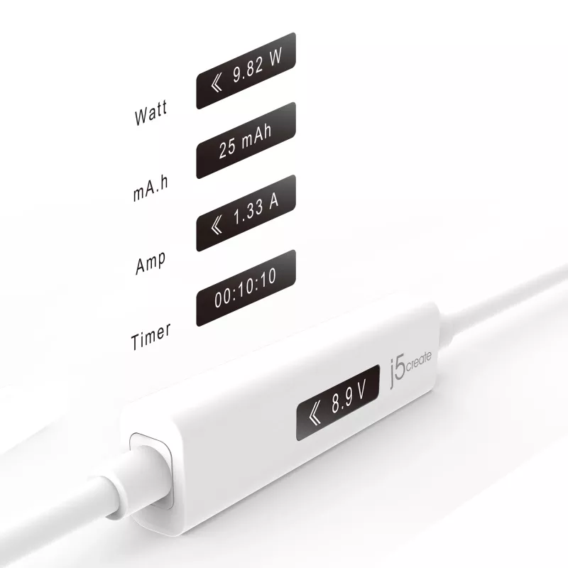 j5create JUCP14 USB-C™ 2.0 auf USB-C™ Kabel mit dynamischem OLED-Leistungsmesser, Weiß, 1,2 m