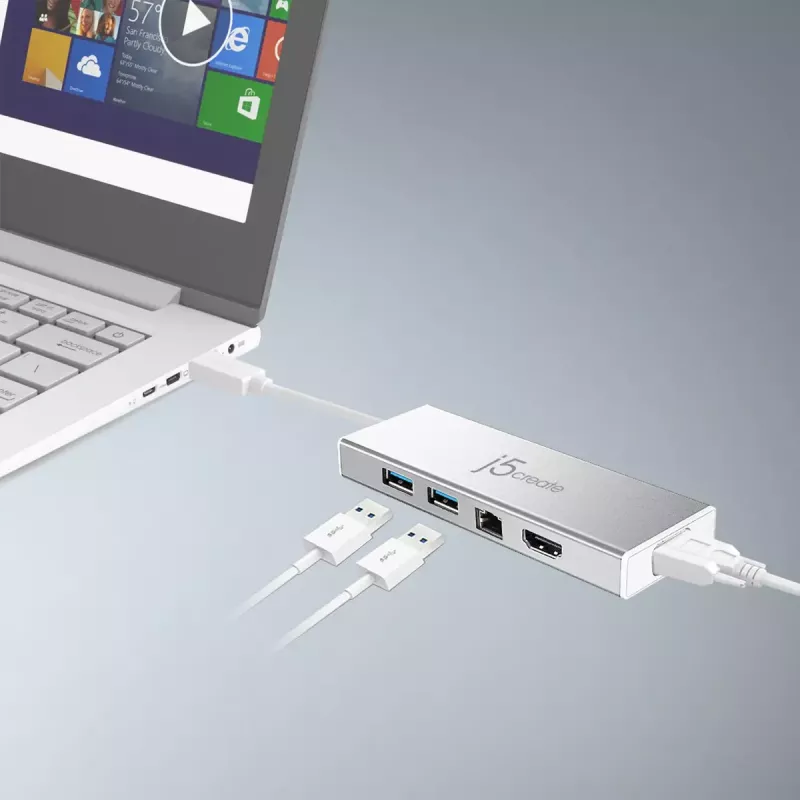 j5create JUD380 USB™ 3.0 Mini Dock, 1x HDMI und 3x USB-Anschlüsse, Silber
